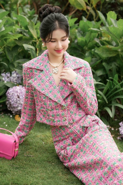 Sixdo Green & Pink Tweed Loose Skirt